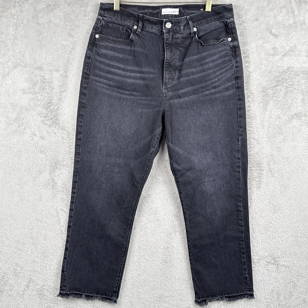 LOFT The Straight Crop Jeans Womens 31/12 Black Wash Denim High Rise Raw‎ Hem
